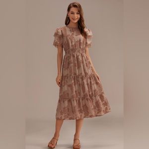 PLUS SIZE Petallush Blush Floral Lace Short Sleeve Round Neck Tiered Midi Dress